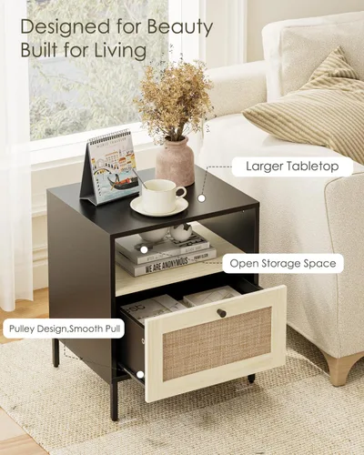 Miniatura 5 de Mesita de noche de ratán, mesa auxiliar grande y moderna de madera estilo bohemio con cajón de almacenamiento y estante abierto, mesa auxiliar Negro