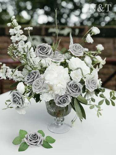Miniatura 391 de N&T NIETING Flores artificiales, rosas artificiales de color rosa intenso, 50 piezas de flores falsas con tallo para ramos de boda DIY, centros