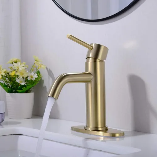 Miniatura 3 de TRUSTMI Grifo de baño de oro cepillado de un solo agujero, grifo de latón moderno para fregadero de baño, placa de cubierta de 6 pulgadas y drenaje