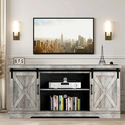 Miniatura 3 de IDEALHOUSE Soporte de TV de granja, centro de entretenimiento para consola multimedia de TV de 65 pulgadas, puertas de granero blancas