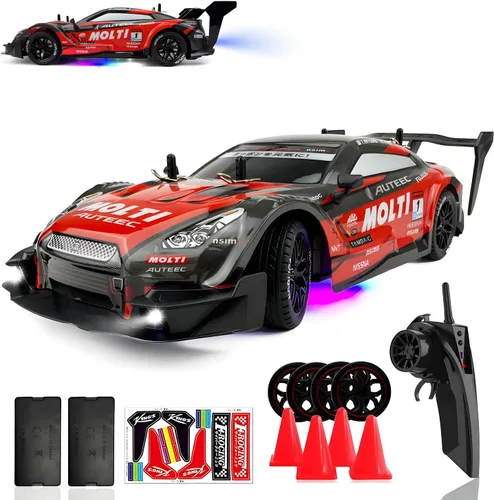 HTURCCOP 1:16 Auto de Deriva RC 2.4GHz con Aspersión, 4WD, Luces LED, Alta Velocidad de 30+KM/H, Coche de Control Remoto con 2 Baterías, 60Min de