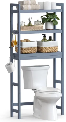 Miniatura 16 de SONGMICS Almacenamiento sobre el inodoro, organizador de baño de 3 niveles sobre el inodoro con estantes ajustables, ganchos, bambú, estantes