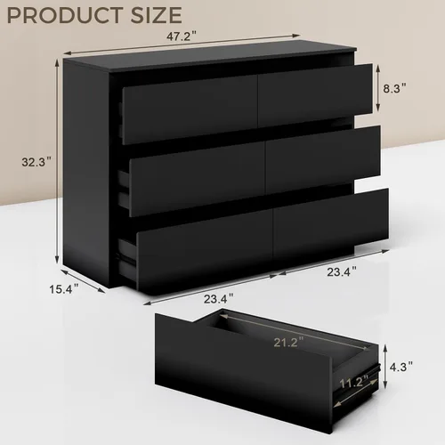 Miniatura 2 de Cómoda de 6 cajones para dormitorio, cómodas de madera de 47" de ancho, cómoda moderna con cajones para almacenamiento de ropa, organizador
