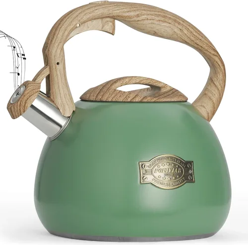 Miniatura 12 de POLIVIAR - Hervidor de té para estufa de 2.7 cuartos de galón, tetera silbante con acabado crujiente, acero inoxidable de grado alimenticio