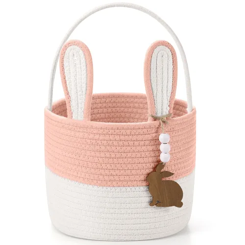 Miniatura 13 de SiliFine Cesta de Pascua para niños, cesta de conejo de Pascua con etiqueta de nombre, oreja de conejo desmontable, regalo tejido rústico para niñas