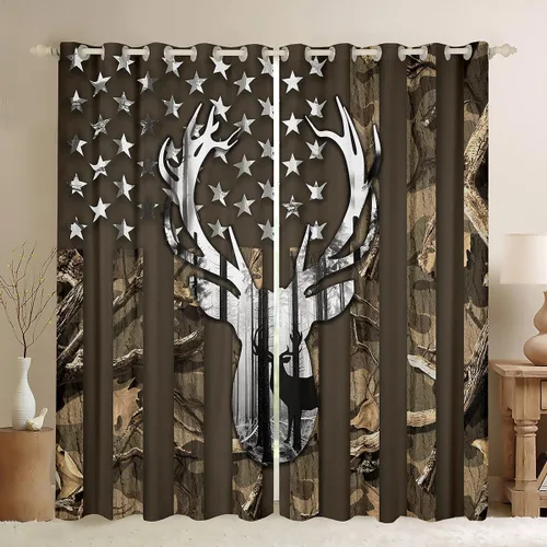 Miniatura 51 de Cortinas opacas de camuflaje con bandera estadounidense, regalo para niños, cortina de ventana de camuflaje verde con rayas negras, estrellas