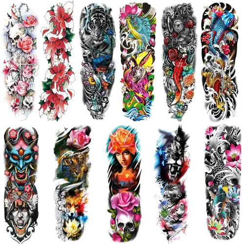 Calcomanías de tatuajes de manga colorida, mangas de tatuajes temporales de brazo completo, acuarela falsa arte corporal tatuaje de brazo para
