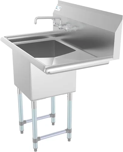 Miniatura 4 de KoolMore SA151512-15R3FA - Fregadero de cocina comercial NSF de acero inoxidable con 1 escurridor derecho, patas cruzadas y grifo, tamaño del tazón