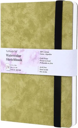 tumuarta Cuaderno de bocetos de acuarela, 7.5x5, 140 LB, 300GSM, papel 100% de algodón, prensado en frío, 24 hojas, 48 páginas, diario de acuarela