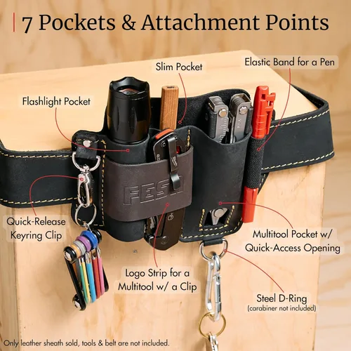 Miniatura 3 de FESA Funda multiherramienta de cuero para cinturón, organizador de cuero EDC para cuchillo de bolsillo táctico, linterna y bolígrafo, con gancho