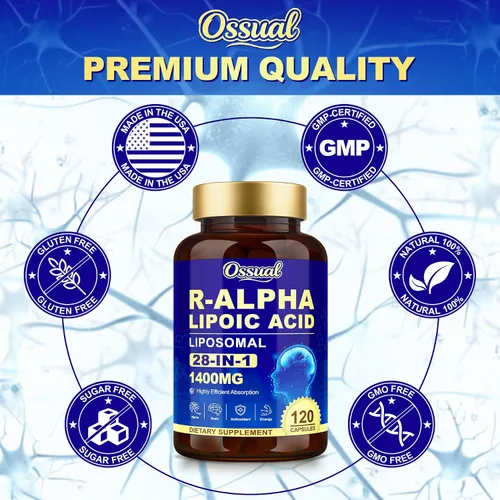 Miniatura 8 de R Ácido alfa lipoico 1400 mg suplementos de neuropatía, suplementos de ALA estabilizados 28 en 1 con L-carnitina, NAC y benfotiamina, suplemento