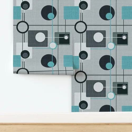 Miniatura 4 de Papel tapiz para despegar y pegar – Orbs Squares Grey Aqua Black White Vintage Blue Retro Circles Papel pintado personalizado extraíble por