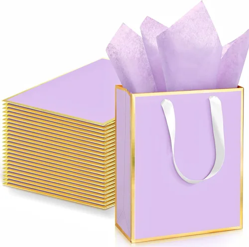 Miniatura 32 de Yeaqee Paquete de 24 bolsas de regalo de papel metálico con asa y papel de seda de 9 x 7 x 3.1 pulgadas, bolsas de favor de bienvenida con papel