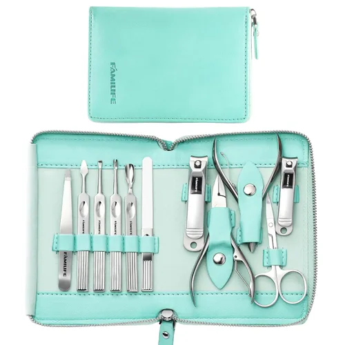 Miniatura 20 de FAMILIFE - Kit de manicura profesional para uñas, 11 en 1, de acero inoxidable, con estuche de viaje portátil de cuero negro, regalos de lujo para él