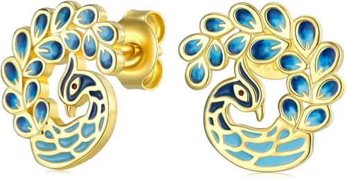 Aretes vintage de pavo real, coloridos pintados, azul, retro, ágata natural, dorado, para regalo de aniversario de la madre, Plata de ley, Sin gemas.