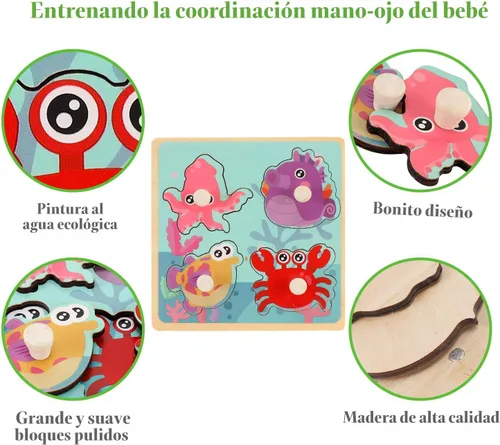 Miniatura 5 de Rompecabezas de madera con clavijas para niños de 1 a 3 años, juguete educativo de preescolar con clavijas para niños, juego de 4 rompecabezas