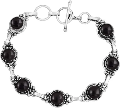 Miniatura 7 de Round Shape Natural & Synthetic Gemstones Silver Plated Bracelets for Women - Vintage Bohemian Style Handmade Birthstone Adjustable Link Bracelet