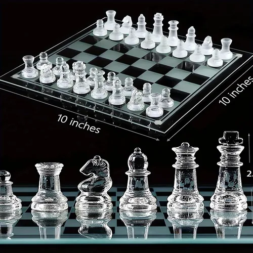 Miniatura 3 de Elegante juego de ajedrez de vidrio de 10 pulgadas, juego de mesa de alta calidad para adultos, regalo ideal para amantes del ajedrez y decoración