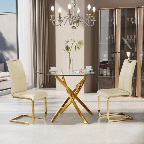 Miniatura 3 de Juego de sillas de comedor modernas (2 unidades) de piel sintética PU con respaldo alto tapizadas con patas doradas de metal para cocina y comedor