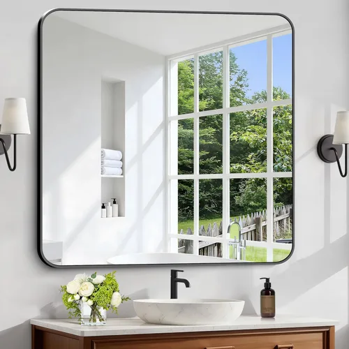 Miniatura 44 de Espejo de baño de 18 x 24 pulgadas con marco de metal negro rectangular, espejo de tocador rectangular de esquinas redondeadas, espejo de pared