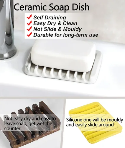 Miniatura 6 de Jabonera de cerámica para fregadero, jabonera autodrenante para barra de ducha, soporte para jabón de baño, soporte para recipiente de jabón
