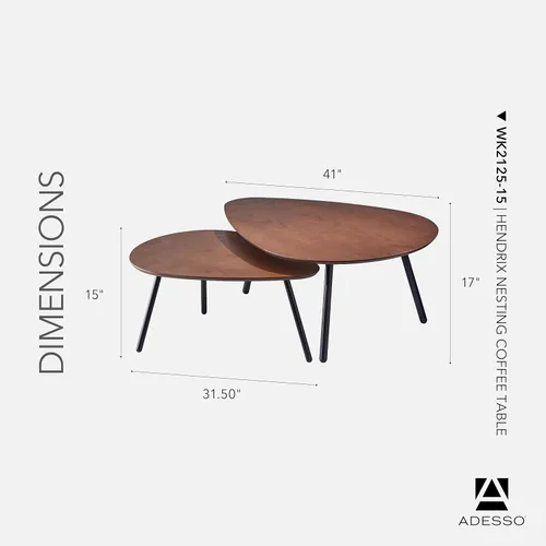Miniatura 2 de Adesso Juego de dos mesas auxiliares anidables, chapa de roble nogal y patas de metal negro mate, mesas decorativas modernas versátiles para salas