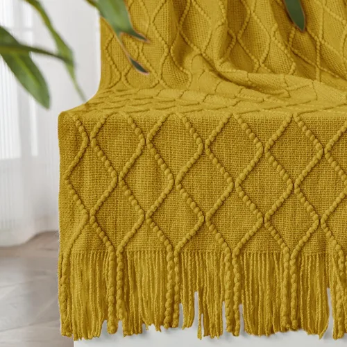 Miniatura 33 de inhand Mantas de punto para sofá y cama, manta de punto suave y acogedora con borla, mantas decorativas ligeras y mantas decorativas, manta tejida A