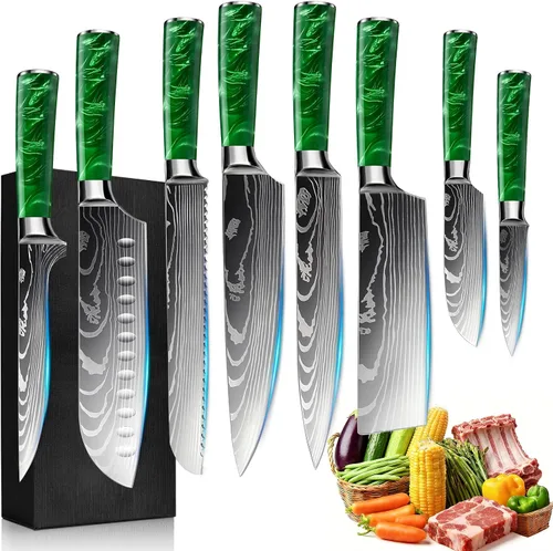Miniatura 20 de Juego de 10 cuchillos de cocina japoneses de alta calidad, colección Imperial, patrón láser de damasco, acero inoxidable 440A ultra afilado