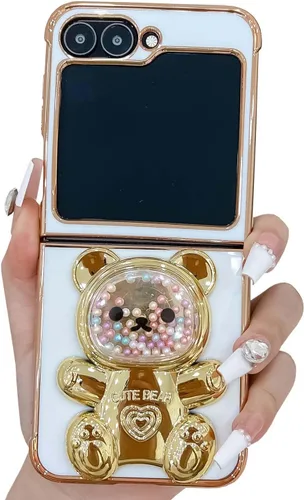 Miniatura 10 de Bonita funda compatible con Samsung Galaxy Z Flip 5/Z Flip 6 de 6.7 pulgadas, cuentas de lujo de color dorado 3D de arena movediza con soporte