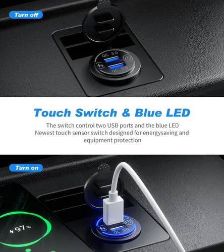 Miniatura 6 de Paquete de 2 enchufes de carga rápida 3.0 con cargador USB dual, toma de corriente USB impermeable de 36 W, carga rápida con interruptor táctil