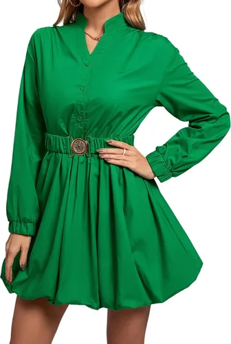 Miniatura 4 de LYANER Minivestido de manga larga abombada con cuello en V y cinturón con volantes para mujer