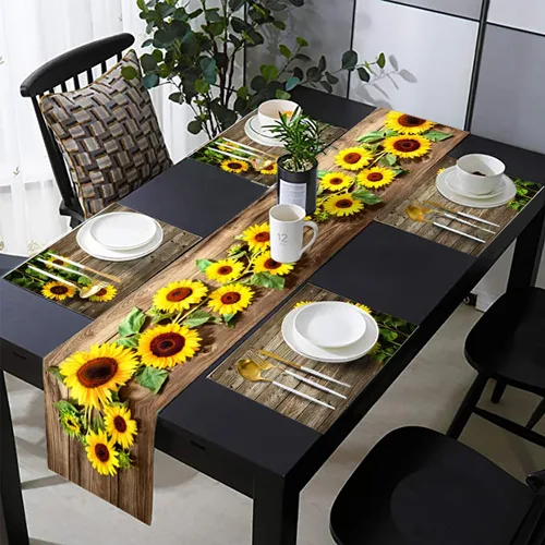 Miniatura 9 de Juego de 6 manteles individuales y camino de mesa floral azul y blanco, elegante juego de tapetes de comedor de lino con patrón botánico vintage