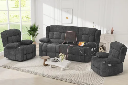 Miniatura 31 de Juego de Sofá Reclinable de Dos Plazas con 2+1 Piezas, Sillón Reclinable Minimalista de 2 Plazas con Pestaña de Tirón Manual, Tela con Puertos