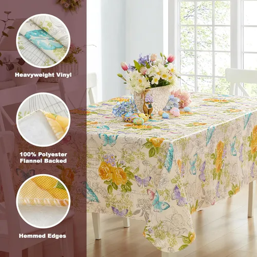Miniatura 4 de Newbridge Claudette - Mantel de vinilo con parte trasera de franela de vinilo amarillo pastel, cuadrado de 52 x 52 pulgadas, rosas y mariposas