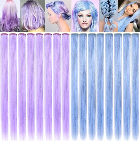 Miniatura 18 de Rhyme 12 piezas de extensiones de cabello de color azul y verde azulado con reflejos de princesa de 21 pulgadas con clip para niñas americanas