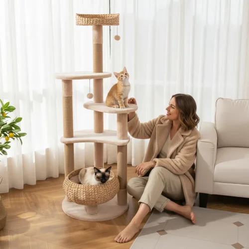 Miniatura 2 de Tangkula Árbol moderno para gatos, torre para gatos de 65 pulgadas de alto con postes rascadores de yute, bolas colgantes, cesta de espadaña