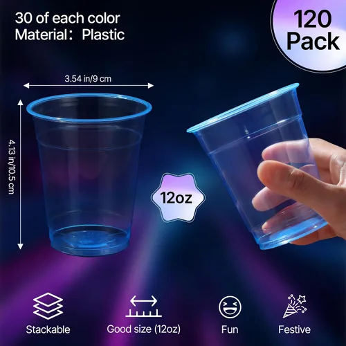 Miniatura 4 de Paquete de 120 vasos de fiesta que brillan en la oscuridad, vasos de plástico neón de 12 onzas, vasos desechables multicolor para fiestas de luz