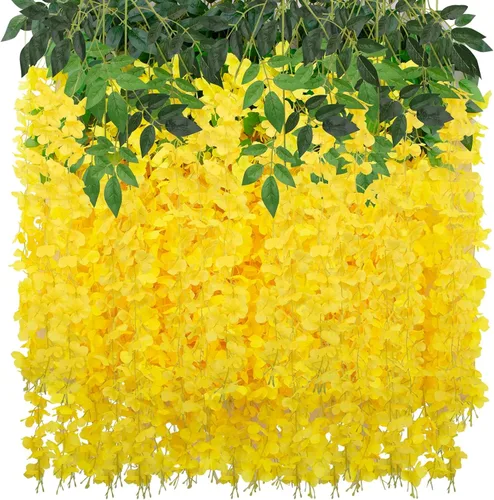 Miniatura 14 de Paquete de 12 flores colgantes de glicina artificial, guirnalda de flores de glicina falsas, enredaderas de seda, decoración de ratán para el hogar