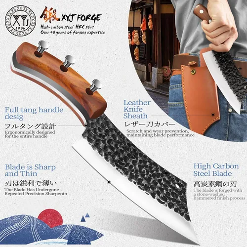 Miniatura 4 de XYJ Auténtico cuchillo de cocina FULL TANG de 6.2 pulgadas, cuchillos de chef con funda de cuero de transporte, cuchillos de carnicero para carne