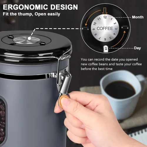 Miniatura 4 de ROCKY&CHAO Recipiente para café de 2800ML con registrador de fecha y ventana transparente, contenedor de café de 35OZ con cuchara medidora de 30ML