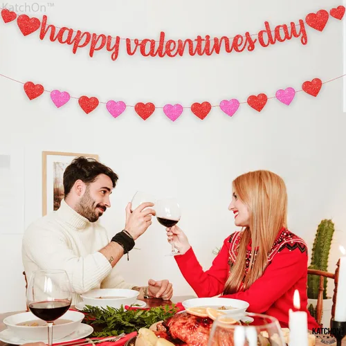 Miniatura 5 de KatchOn, Cartel de feliz San Valentín con purpurina, 10 pies, sin bricolaje, guirnalda de corazón rojo y rosa para decoraciones del día de San