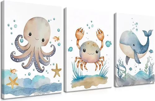 Miniatura 11 de Juego de 3 Arte de Pared en Lienzo para Cuarto de Bebé Niño, Pintura de Decoración de Pared con Imagen de Elefante Azul Luna y Estrellas, Lindos