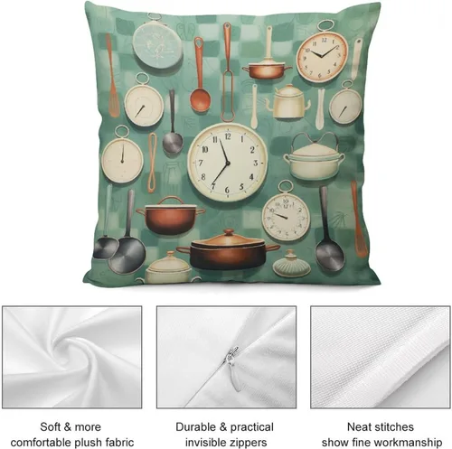 Miniatura 6 de Pots and Pans, Kitchen Clock and Cooking Art Velvet Square Decorative Throw Pillow Covers 12 "x12 Throw Pillow Covers for Outdoor Home Decor