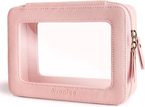 Aveniee Organizador de bolsa de maquillaje transparente, bolsa de aseo de viaje para mujer, bolsa de cosméticos impermeable con cremalleras, Rosa