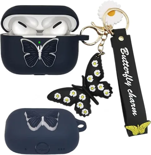Funda para Airpods Pro de 2ª generación 2022, bonito dije de mariposa 3D de dibujos animados de silicona suave, para mujeres, niñas, niños y Negro