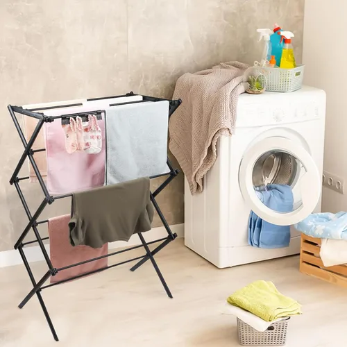 Miniatura 5 de Estante de secado de ropa plegable de 3 niveles, estante vertical portátil y plegable para almacenamiento en interiores y exteriores, color negro