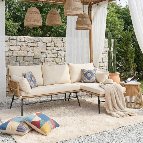 Miniatura 3 de NICESOUL Juego de 3 muebles de patio al aire libre en forma de L estilo bohemio con cómodo cojín de 2 pulgadas de grosor, respaldo alto, capacidad