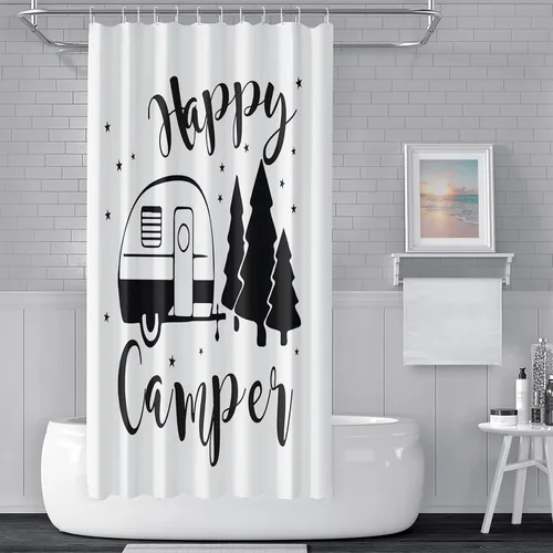 Miniatura 30 de Cortina de ducha Happy Camper de 48 x 72 pulgadas, diseño de caricaturas, remolque, hoguera, aventura al aire libre, cortina de baño para decoración