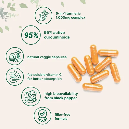 Miniatura 4 de Suplemento de Cúrcuma Curcumina Pura 1,000mg 95% Curcuminoides 120 Cápsulas Vegetarianas con Propóleo de Abeja, Jengibre, Aceite MCT, Vitamina C