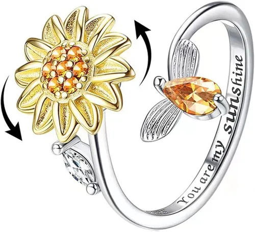 Banemi Anillos antiestrés para la ansiedad para mujeres, anillo giratorio de flor de circonita cúbica, regalo de joyería para esposa, niña, día de
